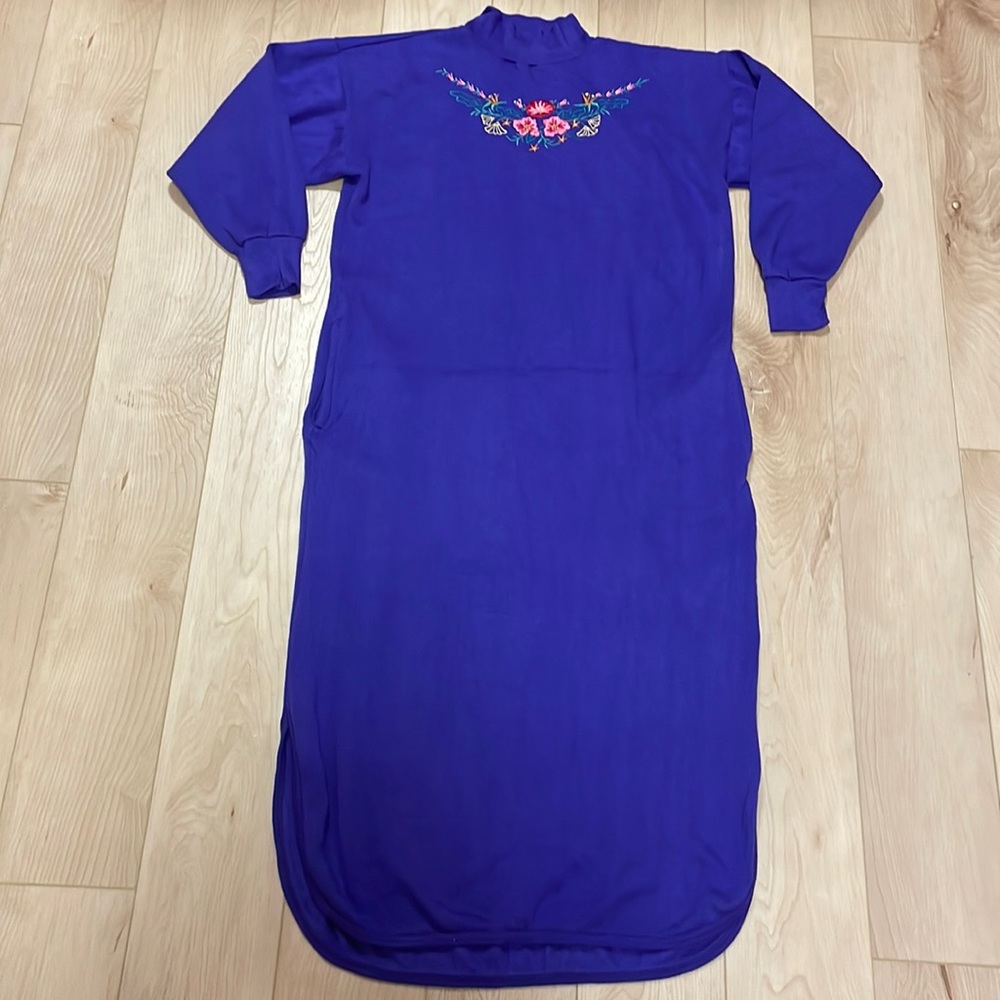 Vintage Mock Neck Floral Embroidered Accent Full Length Fleece Nightgown